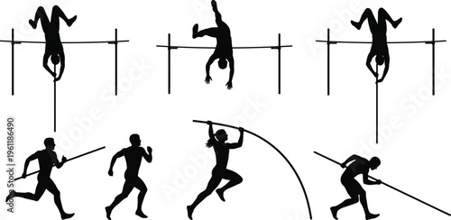 Pole vault athlete silhouettes set in running, jumping, and vaulting action poses isolated on white background, track and field sport illustration for training and competition