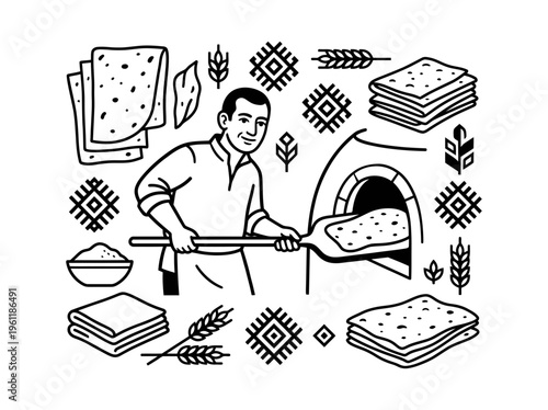 Yak wool spinner with mountain village cultural line art