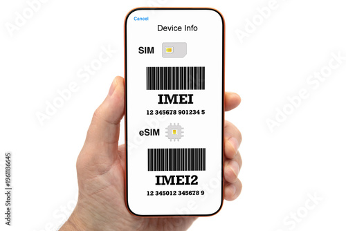 Isolated Phone IMEI screen SIM eSIM device info barcode male hand