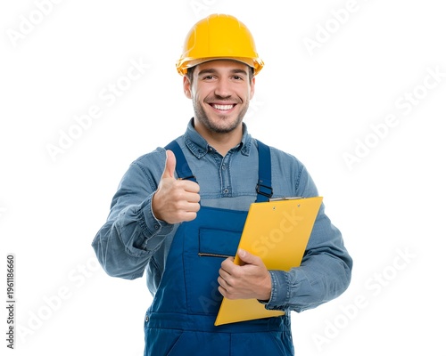 Happy construction worker in helmet giving thumbs up with clipboard