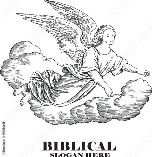 biblical angel soaring in the sky, rendered in Renaissance-era vintage engraving style, black and white, fine linework, outline vector illustration, 