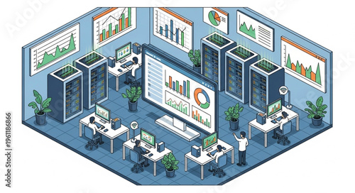 Isometric Data Center Visualization with Servers and Analytics Displays.