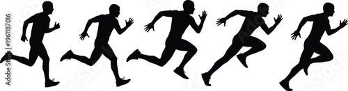 Running athlete silhouette sequence showing sprint motion phases isolated on white background, dynamic speed training and fitness action collection for sport, performance, and design use
