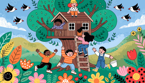 Kids playing in treehouse and garden