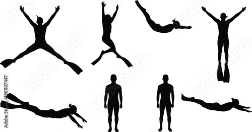 Scuba diver silhouettes set in underwater swimming and jumping poses isolated on white background, diving activity illustration for marine sport, adventure, and design