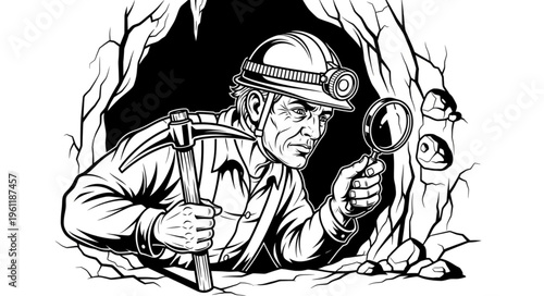Miner Inspecting Rock Formation with Magnifying Glass in Cave.