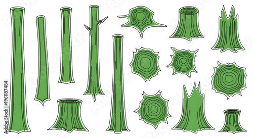 Tree Trunk and Stump Top View Vector Set – Green Outline Site Mapping Landscape Symbols Collection