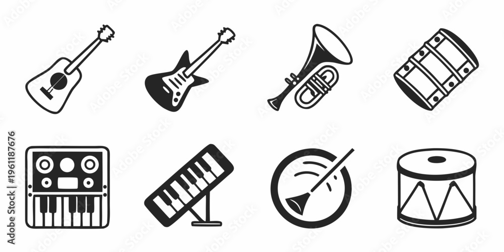 Fototapeta premium Musical instrument vector emoji set, vector stock illustration black 