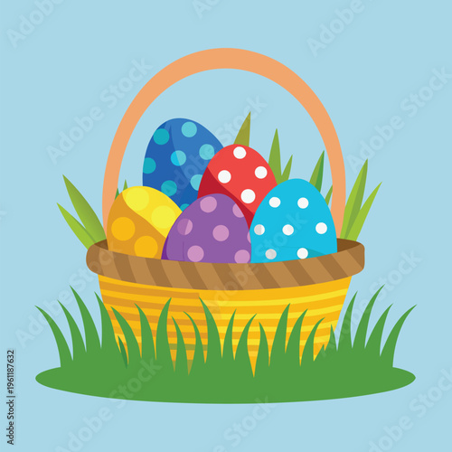 Colorful easter eggs nestled in a basket surrounded by green grass.