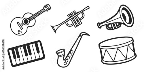 Musical instrument vector emoji set, vector stock illustration black
