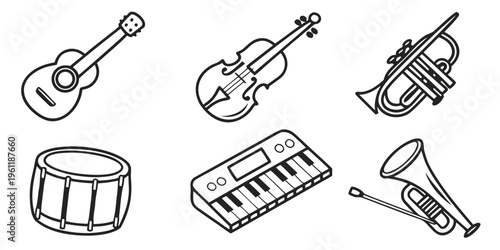 Musical instrument vector emoji set, vector stock illustration black
