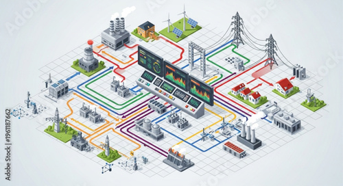Isometric Illustration of a Modern Smart Grid and Power Distribution System.