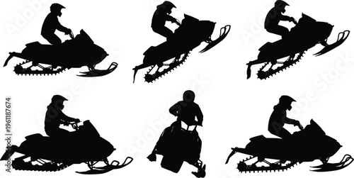 Snowmobile rider silhouette set showing winter racing and jumping action poses isolated on white background, extreme snow sport adventure collection for outdoor activity and design use