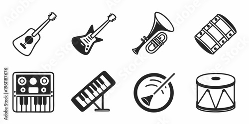 Musical instrument vector emoji set, vector stock illustration black

