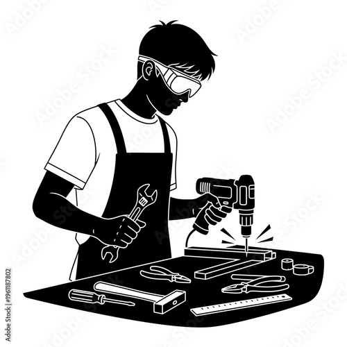 Man working with drill and tools.