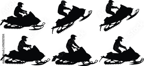 Snowmobile rider silhouette set showing winter racing and jumping action poses isolated on white background, extreme snow sport adventure collection for outdoor activity and design use