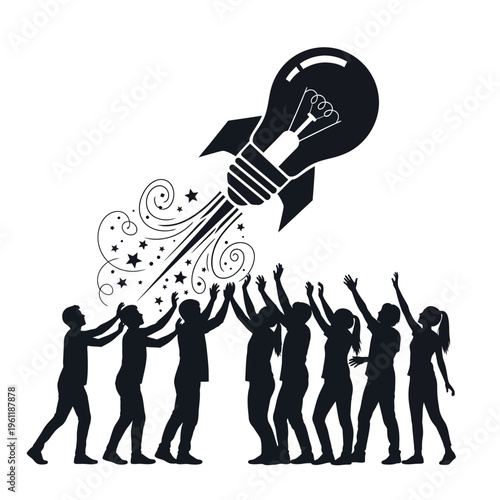 People Celebrating With Light Bulb Idea.
