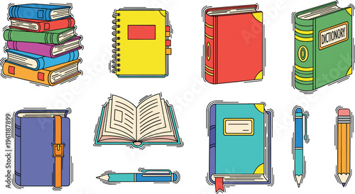 School supplies collection with books notebooks pencil pen and stationery items colorful cartoon vector illustration for education design