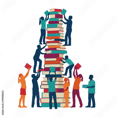 People Stacking Books Together High Tower.