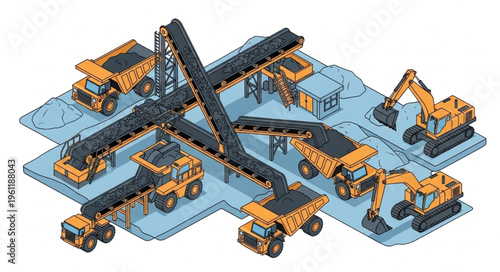 Isometric Coal Mining Operation with Trucks and Conveyor Belts.
