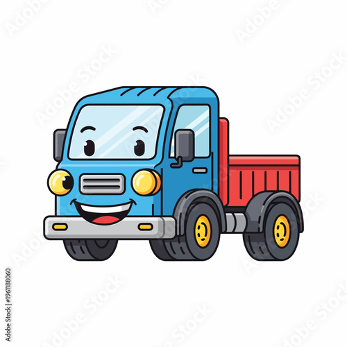 Smiling Cartoon Blue Truck Vehicle.