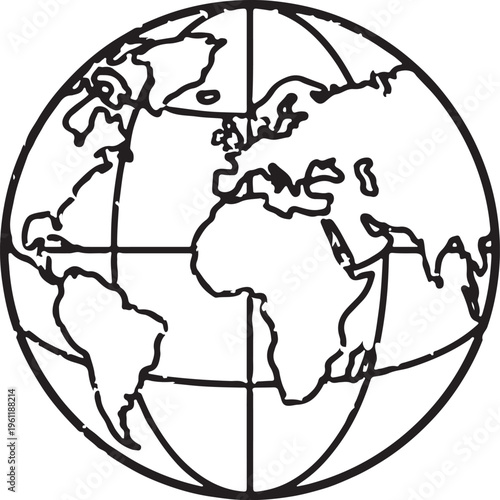 A classic black and white outline map of the world on a spherical globe