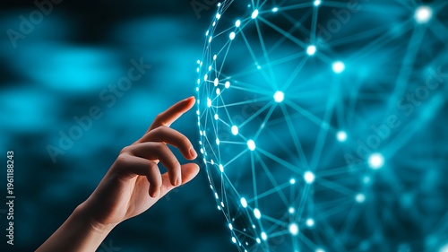 Hand touching digital network sphere connection global technology concept