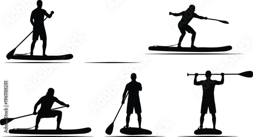 Stand up paddleboarding silhouette set showing paddling and balancing action poses isolated on white background, outdoor water sport collection for fitness, recreation, and adventure design use