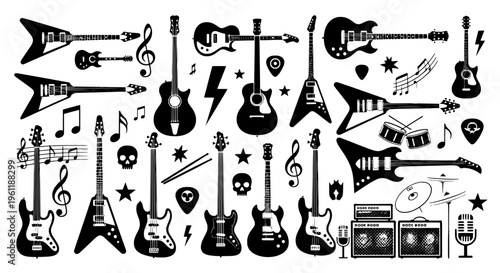 Guitars electric and acoustic set with musical notes, skulls, and lightning bolts... featuring rock music, heavy metal, music with instrument and
