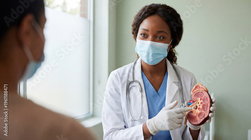 A doctor wearing a face mask explains kidney health using an anatomical model to a patient during a consultation