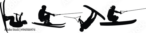 Water skiing silhouette set showing dynamic jumps and tricks on lake isolated on white background, extreme water sport action collection for adventure, recreation, and design use