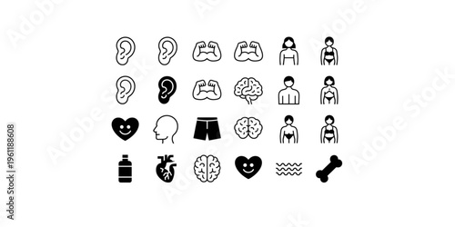 A set of black and white icons representing various human body parts and health concepts on transparent background