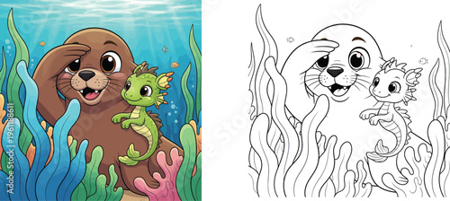 Cute cartoon seal and little green sea dragon exploring underwater. Colorful marine life vector illustration with corals and seaweed.