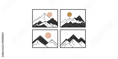 A minimalist vector graphic illustration of four mountain scenes with sun in a flat design style on transparent background