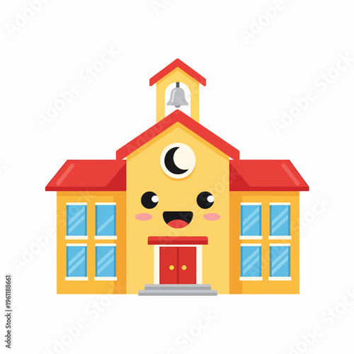 Smiling Cartoon School Building Architecture.
