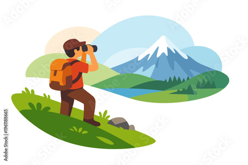 Hiker with Backpack and Binoculars Looking at Mountain Landscape.