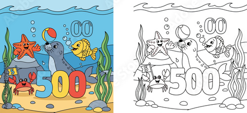 Cute cartoon underwater scene with a seal, starfish, crab, and fish celebrating number 500. Educational marine life vector illustration for kids with sea animals and a beach ball.