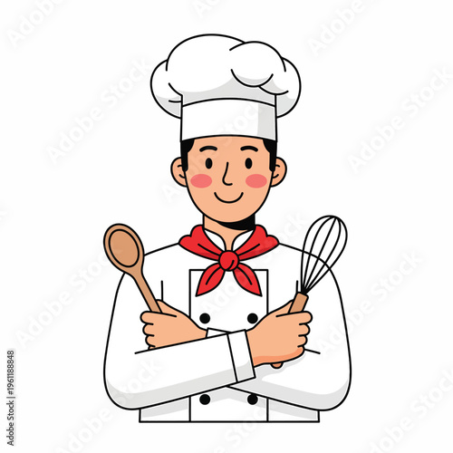 Smiling Chef Holding Kitchen Utensils Crossed.