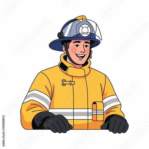 Smiling Fireman in Yellow Uniform.
