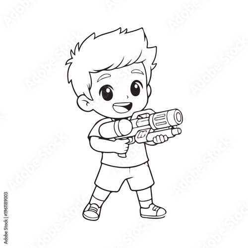 Cute Kid Playing with Water Gun   Fun Summer Activity Cartoon Coloring Page Illustration