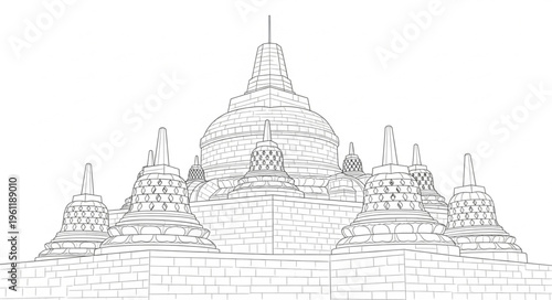 Detailed Line Art of Borobudur Temple, Indonesia.