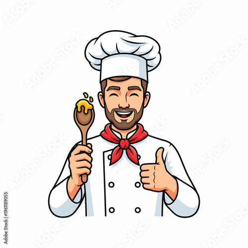 Smiling chef with cooking utensil.