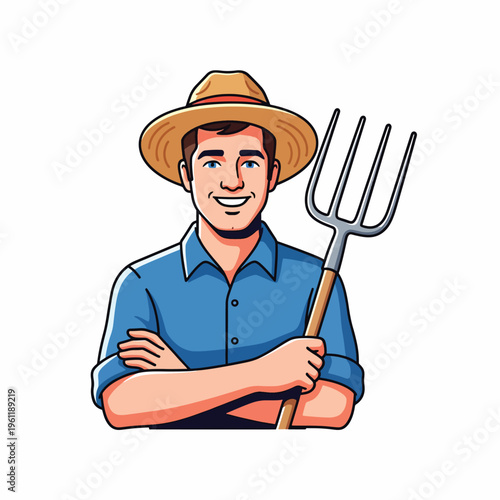 Smiling farmer with crossed arms holding pitchfork.