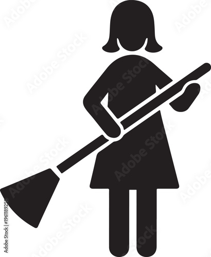 Woman Cleaner Stick Figure Icon Holding a Broom Housekeeping and Janitor