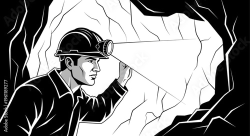 Miner with Headlamp Exploring a Dark Cave, Focused and Determined.