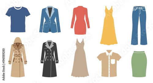 Collection of diverse clothing items including dresses, shirts, and outerwear.