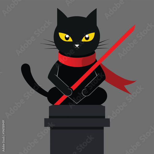 Mysterious black cat warrior holding a red sword and cape