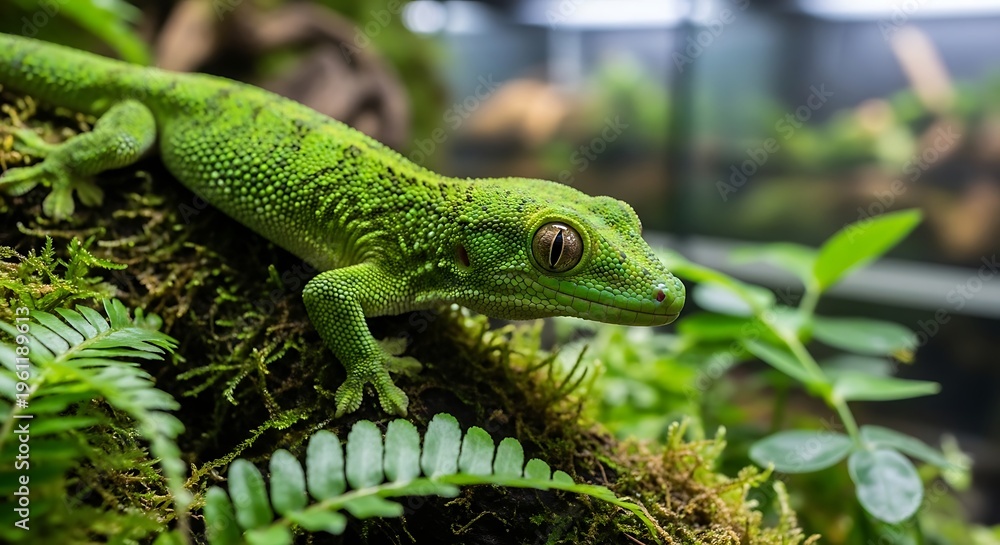 Obraz premium Vibrant green lizard perched on mossy foliage in tropical environment