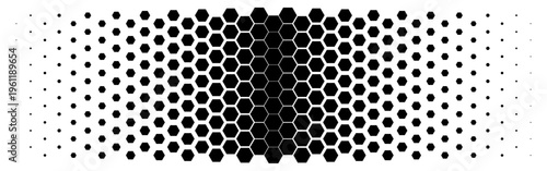 Black seamless hexagonal pattern. Repeating honeycomb texture. Geometric hexagonal halftone background. Retro tech dotted wallpaper. Contrasting minimalism, symmetry, and technological design.