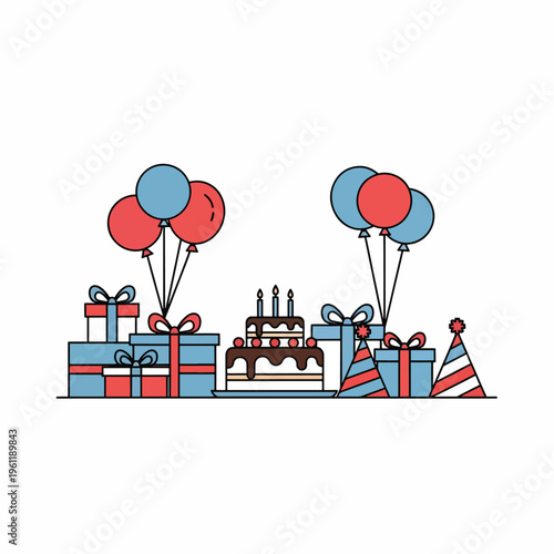 Colorful Party Cake and Gift Boxes.